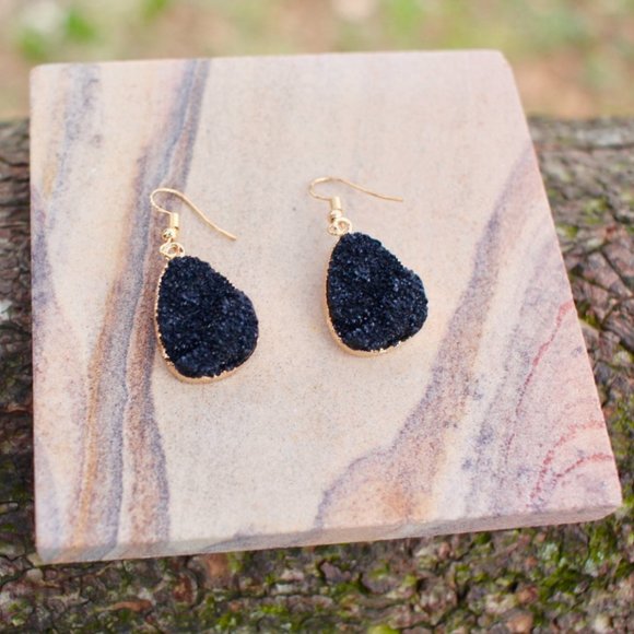 New 14K Gold Black Druzy Teardrop Dangle Earrings - Picture 9 of 13